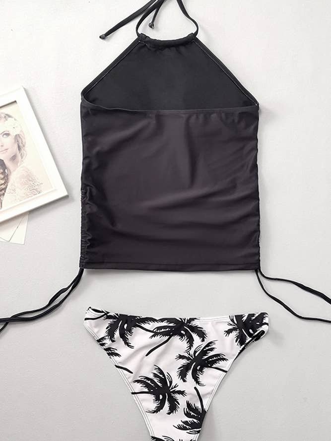 UNISHE - Wholesale Two Piece Swimsuit - Women's - Coconut Tree Print Halter Ruched Tankini Set ZK0453