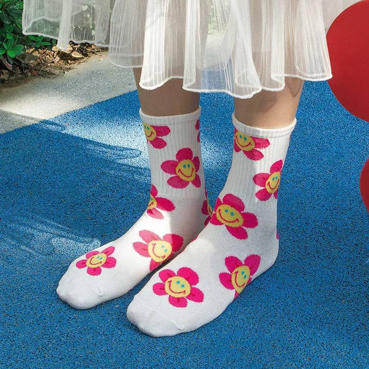 Sweet Cherry Sky - Wholesale Socks - Women's - Smiley Face Flower Socks