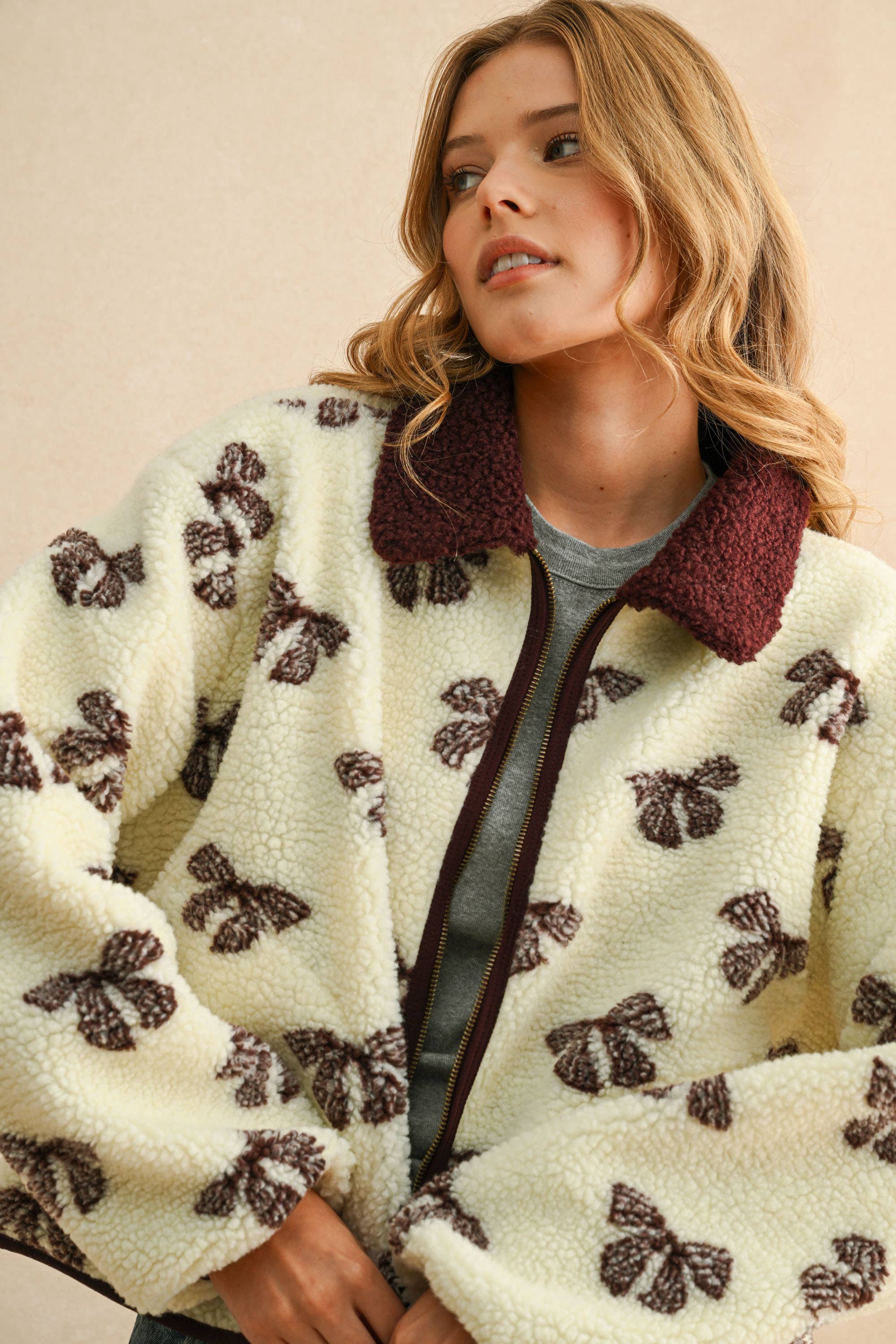 RED BEAN J5374   BOW PATTERN SHERPA JACKET for wholesale on Faire4