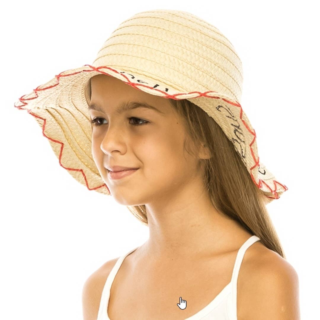 One and Only Accessories - Wholesale Straw Hat - Women's - Kids straw sun hat with Hello Sunshine script embroidery and1