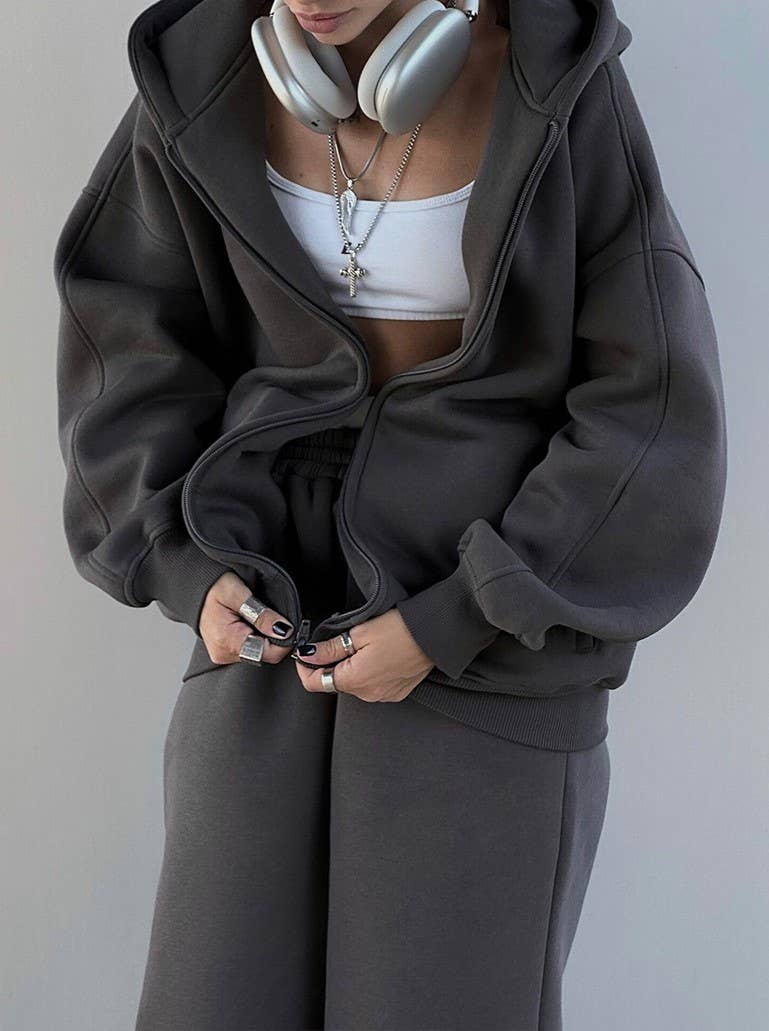 HIDDENBRAND - Wholesale Top & Pant Set (NOT Loungewear) - Women's - Sporty Hooded Sweatshirt Cardigan Trousers Two-Piece Set11