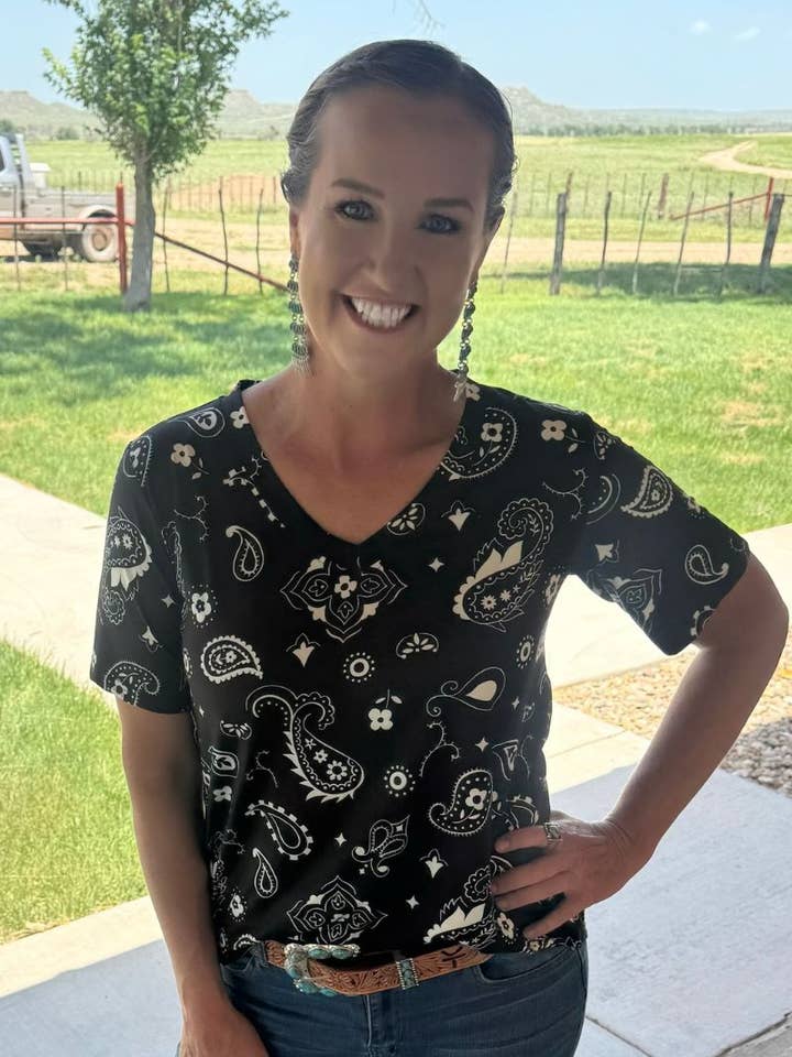 Black Bandana Babe V Neck Top for wholesale by Sterling Kreek