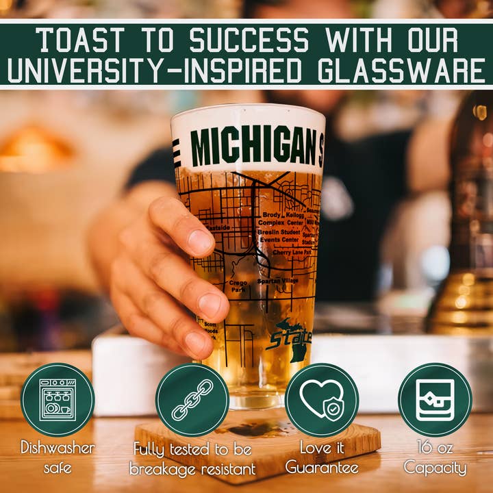 Greenline Goods - Wholesale Beer Glass/Mug - Michigan State University Pint Glasses Contains Full Color MSU Logo & Campus Map MSU Spartans Gift idea College Grads and Alumni (Set of 2)