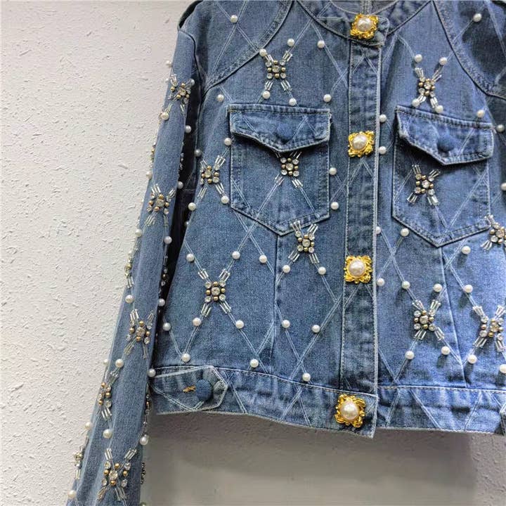 Navy Blue M216 Pearl & Diamond Studded Denim Jacket – Handmade Chic for wholesale on Faire4