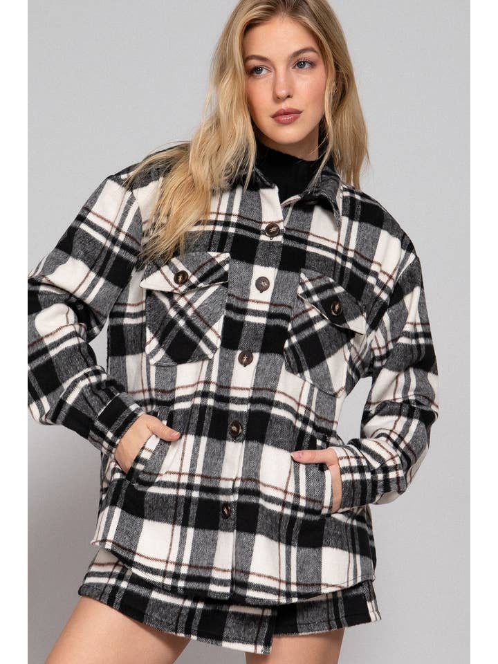 Active Basic | Active USA - Wholesale Shirt Jacket/Shacket - Women's - Long Sleeve Wool Blend Plaid Button Down Casual Jacket