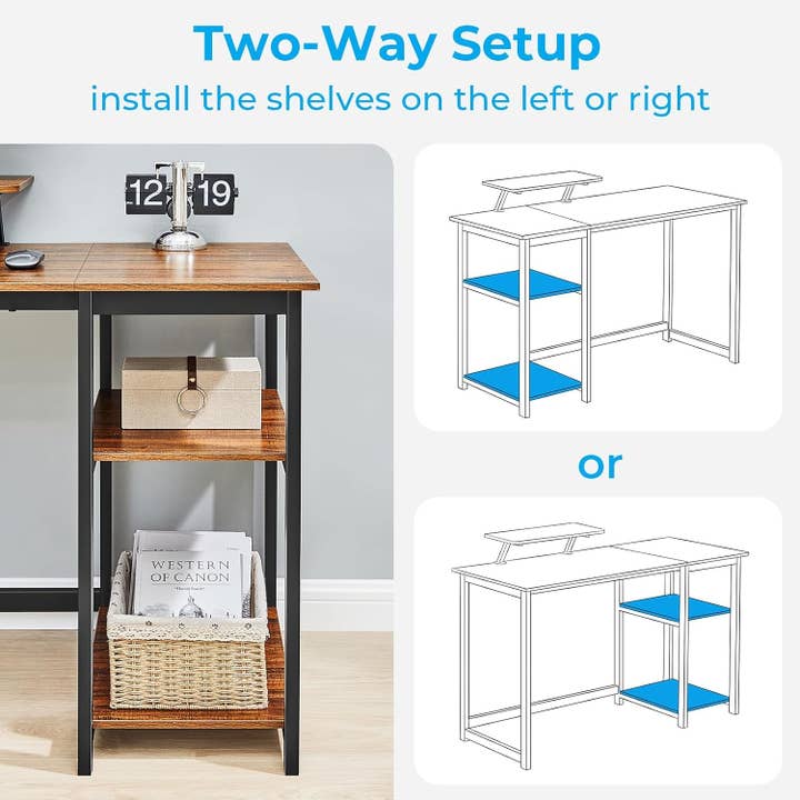 Walnut Compact Computer Desk with Monitor Stand and Shelves for wholesale on Faire