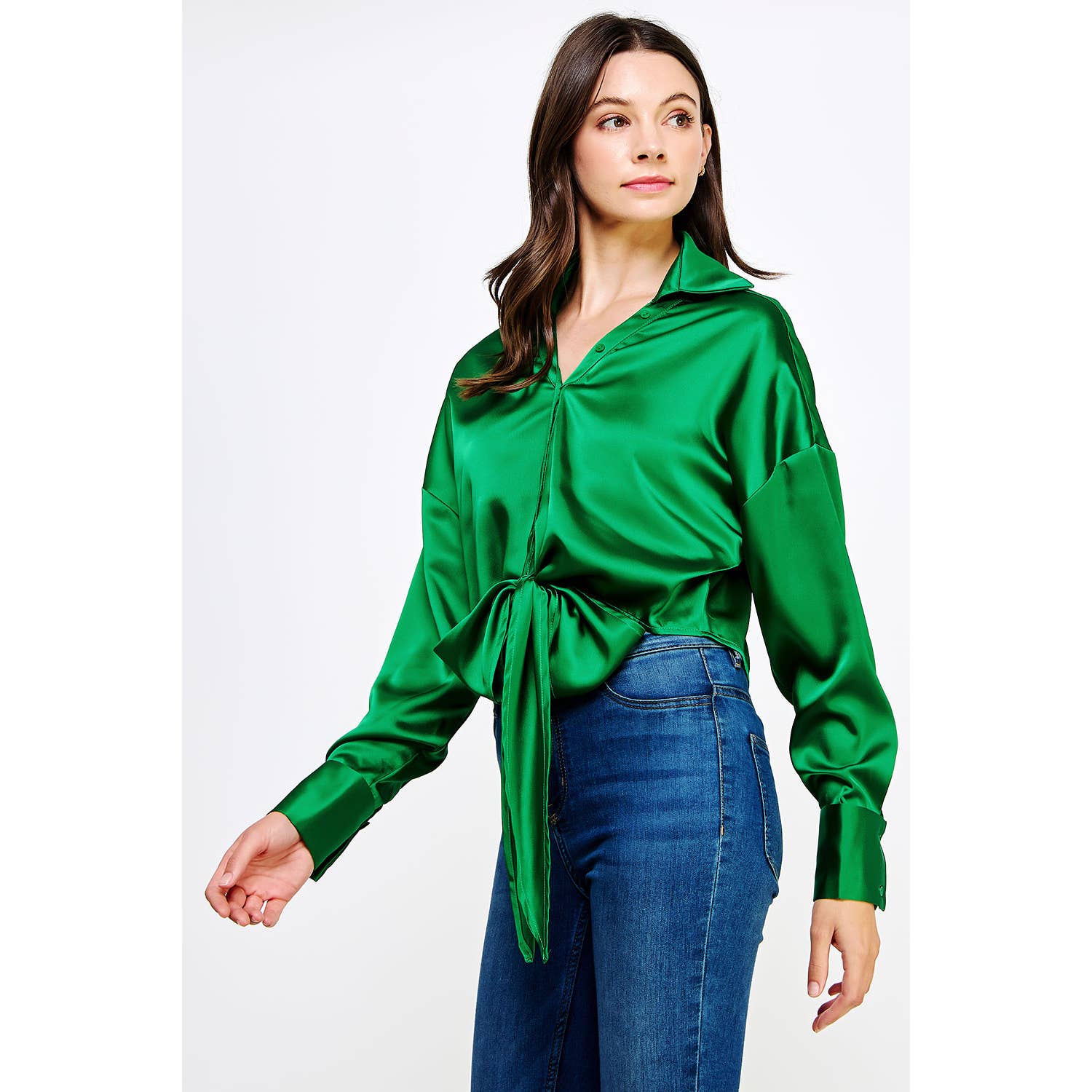 Strut & Bolt - Wholesale Button Down Shirt - Women's - Button Down Waist Tie Satin Shirt Top5