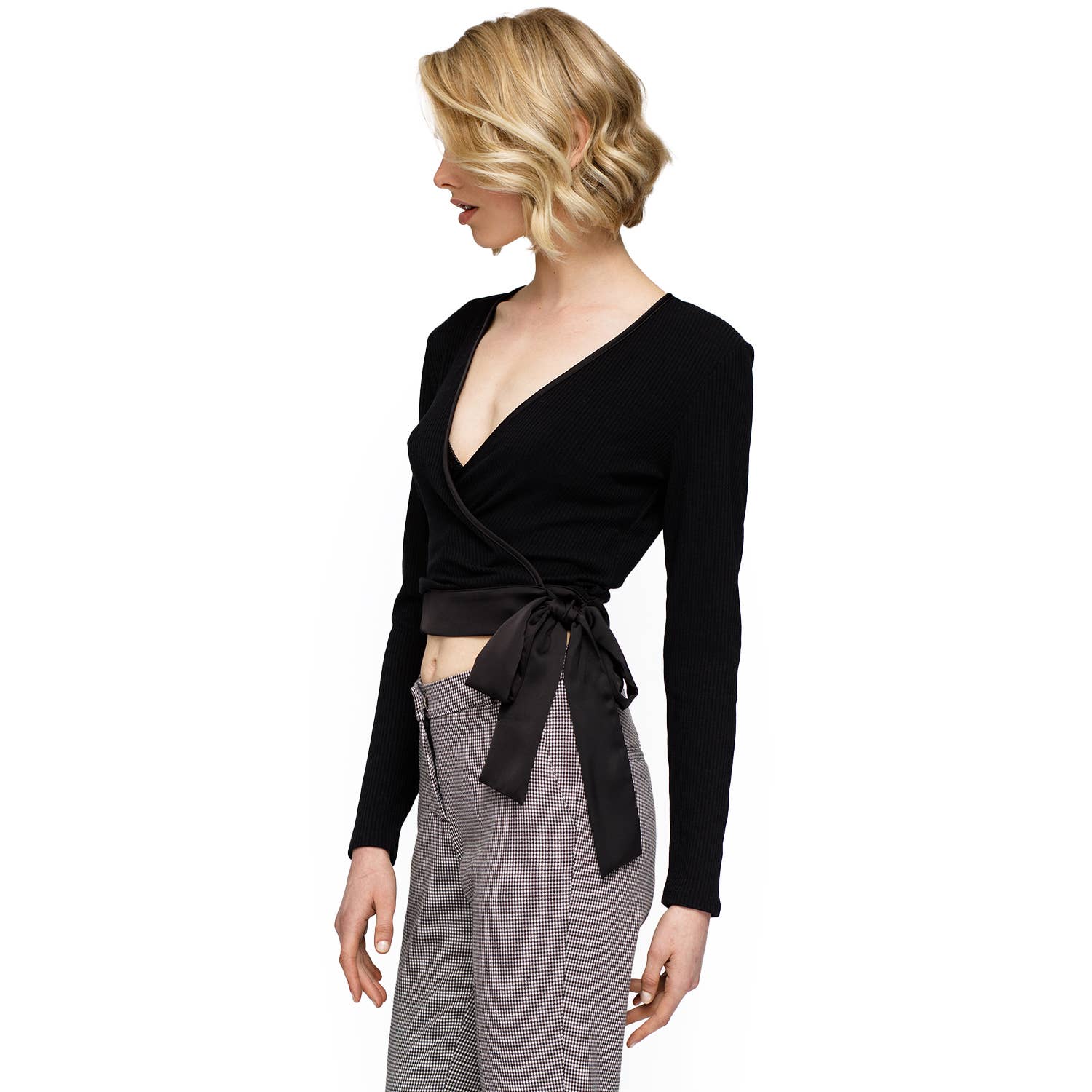 Nurode's Wrap Front Tie Ribbed Crop Knit Top In Black for wholesale on Faire3