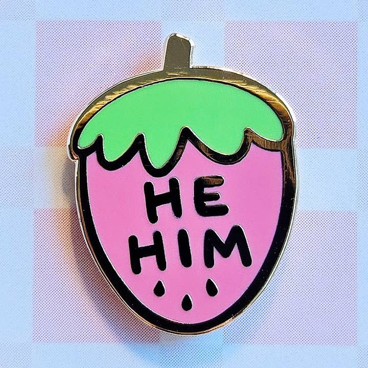 Pronoun Strawberry Pin - he/him for wholesale by misomomo