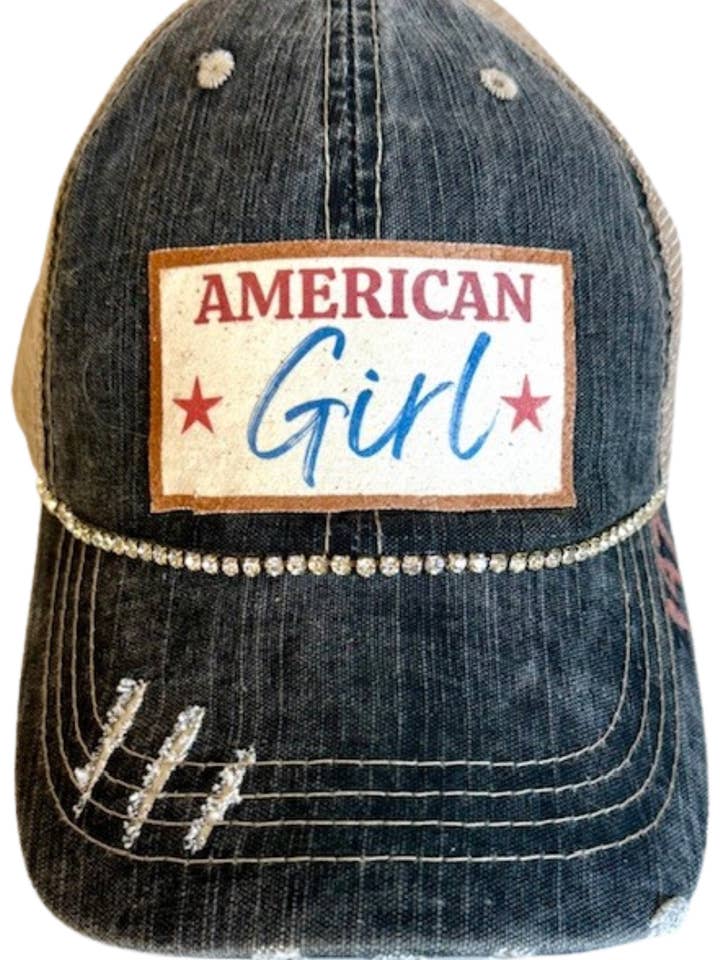GORRA DE CAMIONERO "AMERICAN GIRL" DESGASTADA (#147) para venta al por mayor de Jana's Flannels