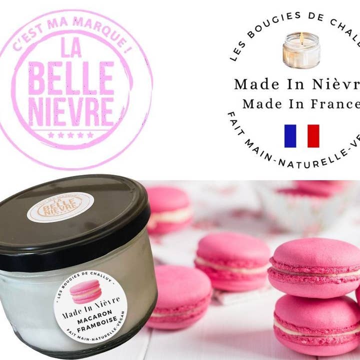 KERZE „HIMBEERMAKRONE“, HERGESTELLT IN NIÈVRE für den Großhandel von LES BOUGIES DE CHALLUY