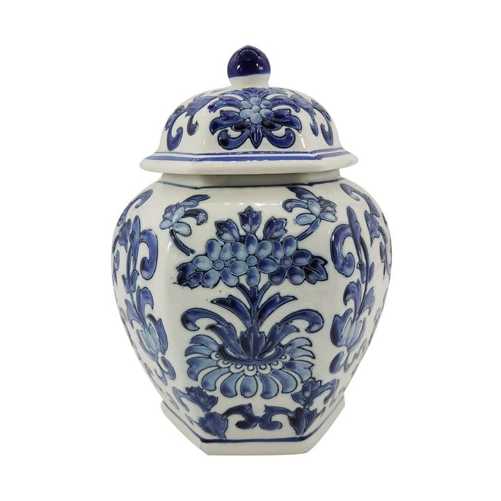 Bocal en céramique bleu et blanc avec motif chinoiserie, 12 po pour la vente par Galt International Company