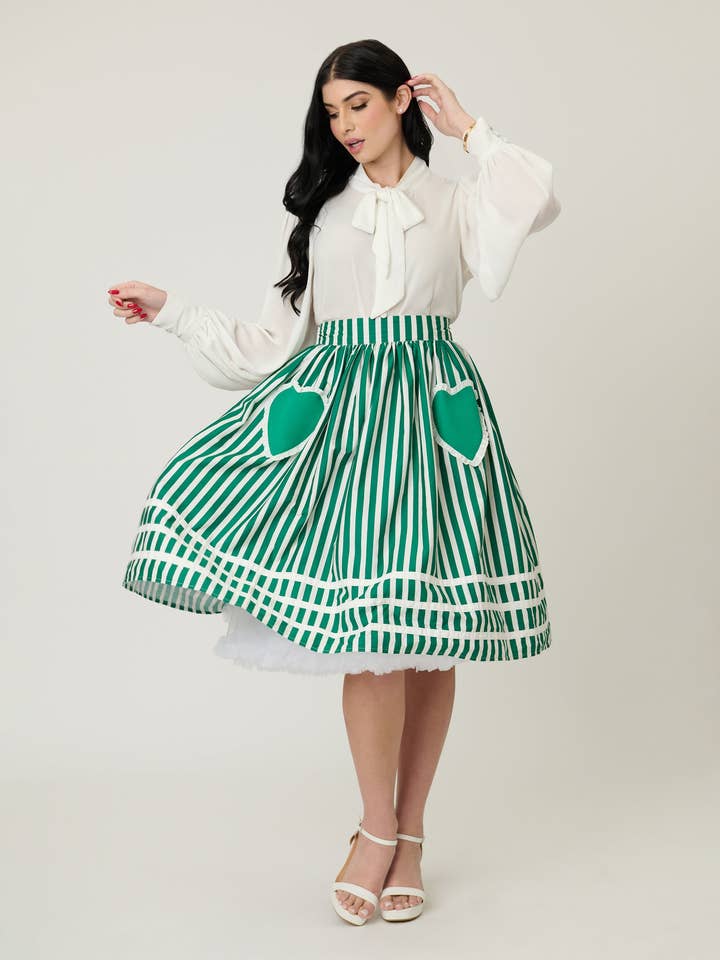 Unique Vintage Green & White Stripe Heart Pocket Swing Skirt for wholesale by Unique Vintage