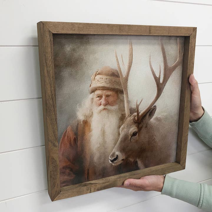 Hangout Home - Wholesale Christmas Wall Art - Vintage St. Nick & Reindeer - Rustic Holiday Canvas Wall Art