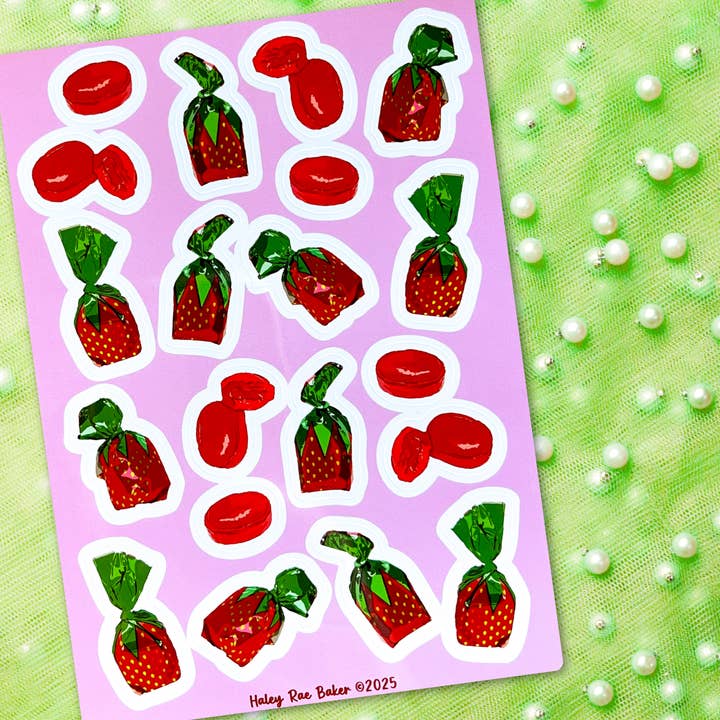 Strawberry Hard Candy Vinyl Sticker Sheet for wholesale by Surprise Inside Art