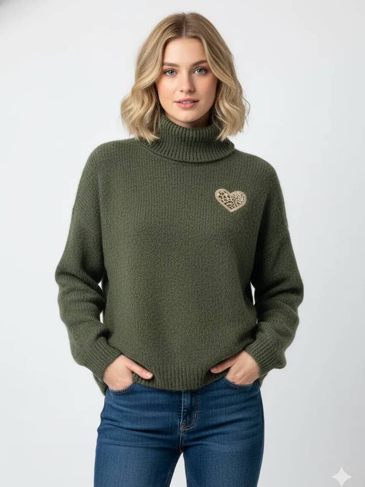 Turtleneck Sweater With A Leopard Heart @35705_PulCoeurLeo for wholesale by Mimi & Gogo