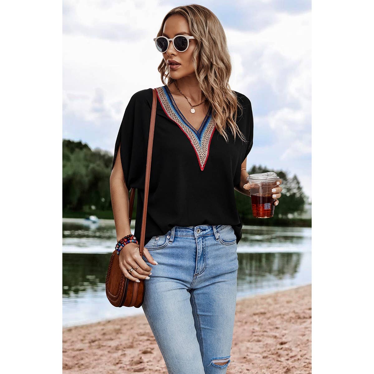 BLACK V Neck Short Dolman Sleeves Boho Loose Top for wholesale on Faire2