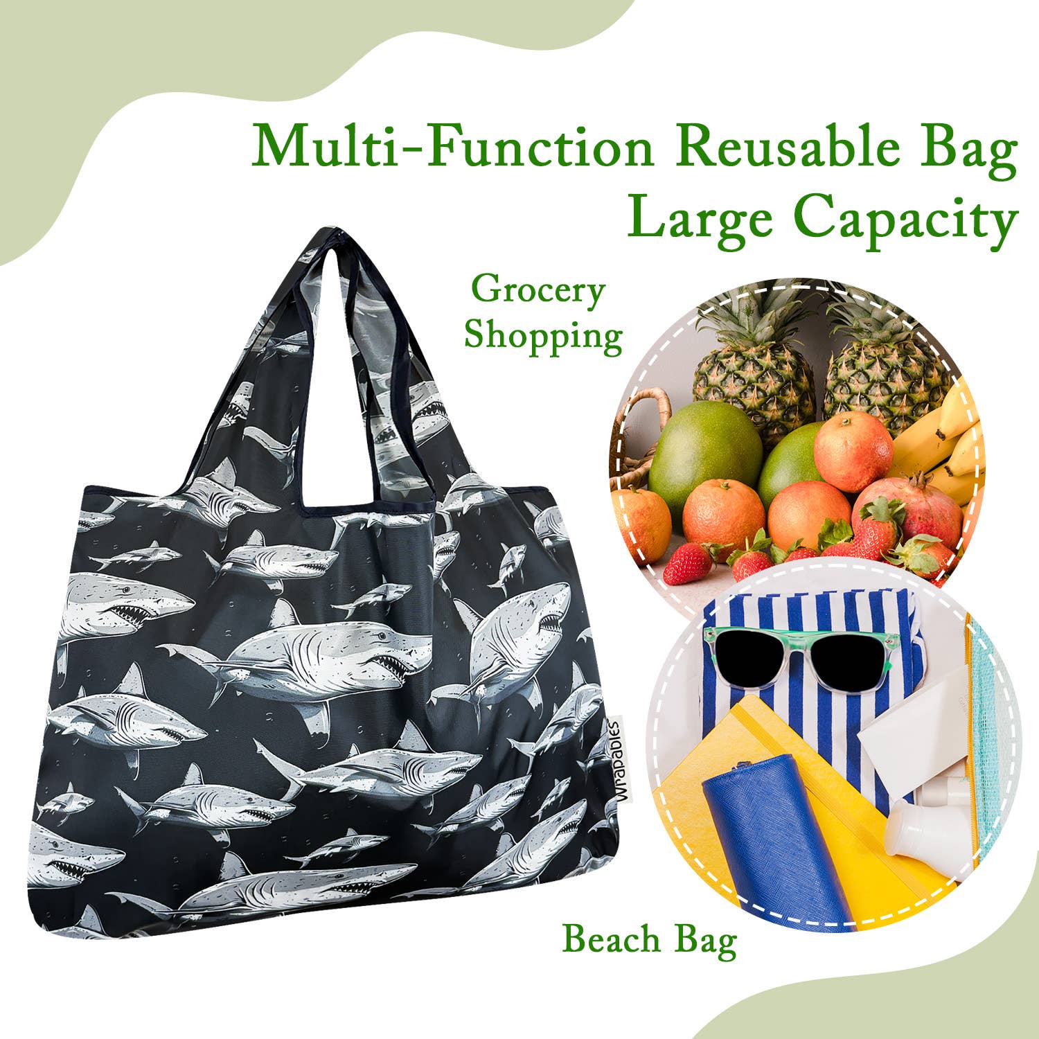 Wrapables.com - Vente Sacs de course/à provisions - Sac de courses réutilisable en nylon grand format Wrapables34