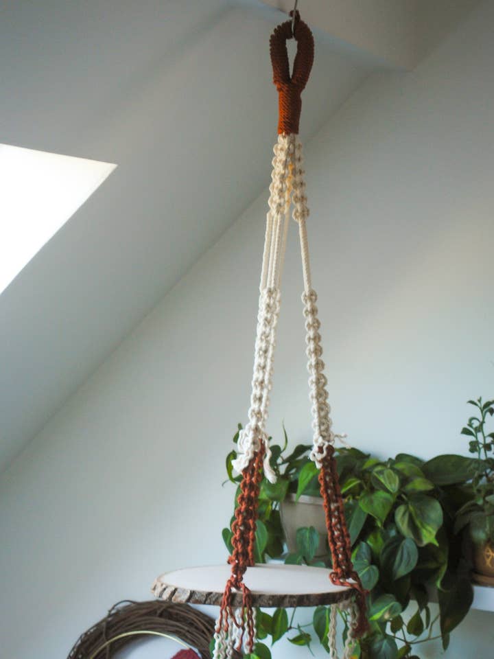 Hanging Macrame Circle Exposed Wood Shelf Maroon + Natural for wholesale by MercuryX Shop
