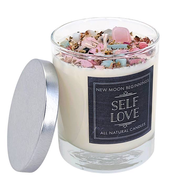 New Moon Beginnings - Wholesale Jar/Filled Candle - Self Love Candle - Dried Flower, Herb, & Crystal Candles6