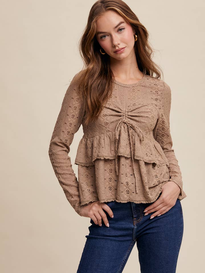 Stretch Lace Tiered Blouse with Drawstring Detail for wholesale by Listicle