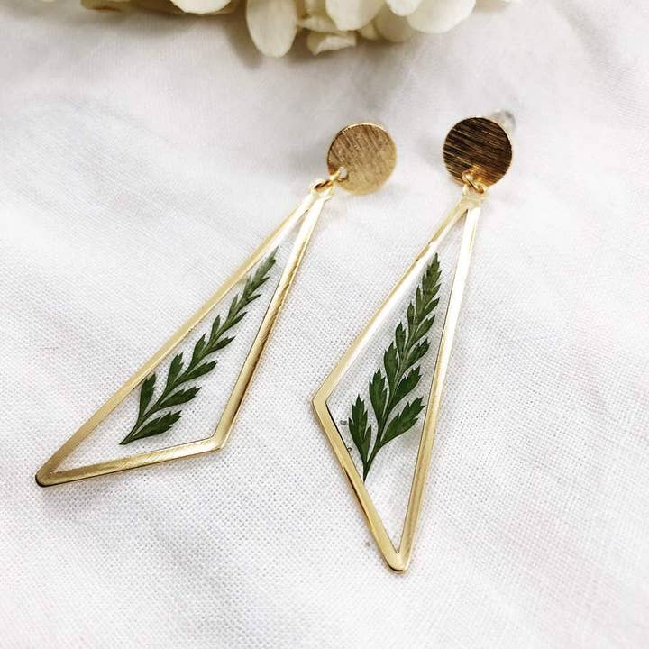 Esmond - Triangle Geometric Preserved Fern Post Earrings for wholesale by Grab Bag Botany