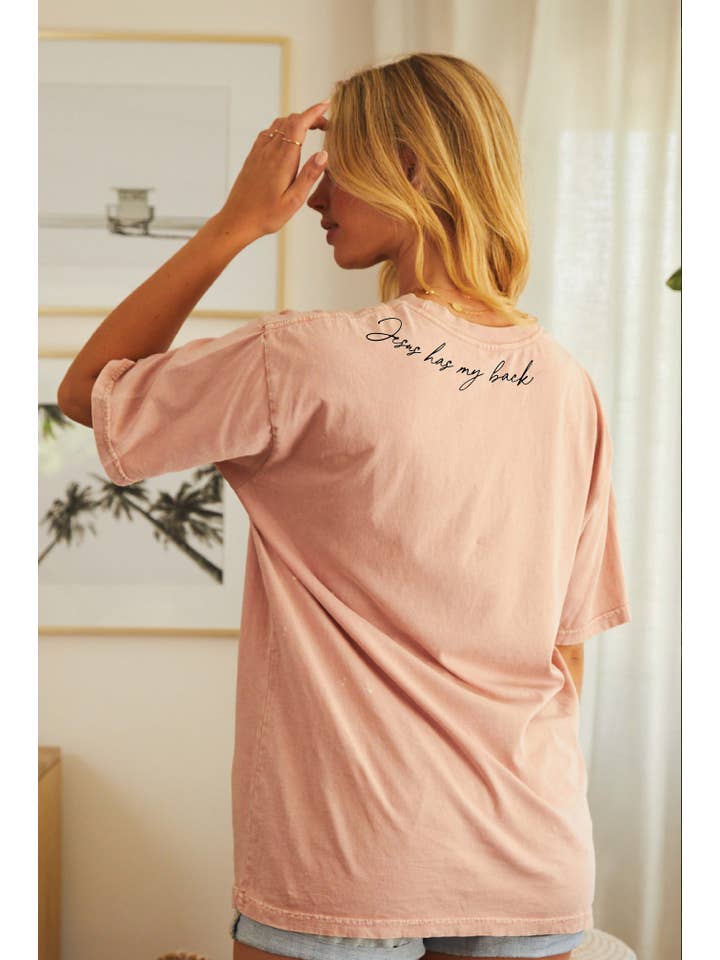 OAT COLLECTIVE - Wholesale Screen Printed T-Shirt - Women's - JESUS HAS MY BACK Back print Mineral Washed Graphic Top