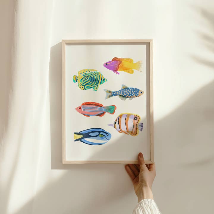 Risograph Style Rainbow Fish Illustrated A4 Art Print for wholesale by Salty Siren Studios
