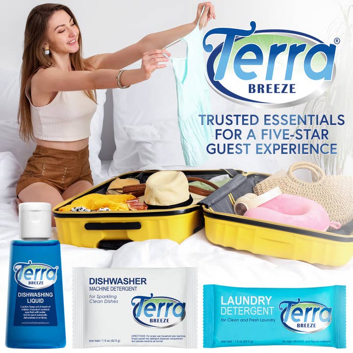 Diversified Hospitality Solutions - Wholesale Dish soap - Travel Laundry Detergent & Dish Soap | Terra Breeze 1-Shoppe All-In-Kit Bulk Hotel Size Amenities for AirBnB & Rentals | Dishwashing Liquid, Dishwasher Detergent & Premeasured Laundry Soap | 180 Pcs7