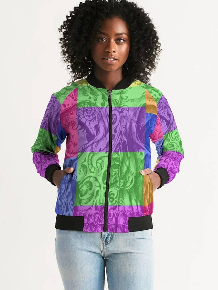 Skull Bow Women's Bomber Jacket for wholesale by Dwayne Elliott Collection