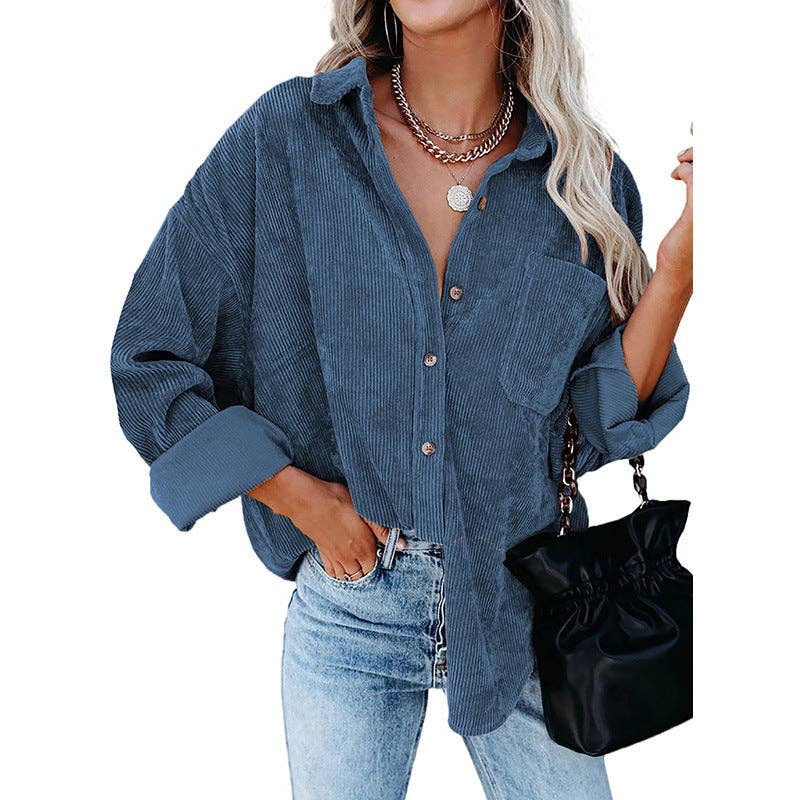 Suhkasana – Camisa com botões no colarinho – Mulher por atacado – Camisa de Bombazina Oversized com Botões e Bolso no Peito6