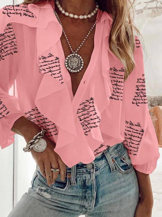 long sleeve print shirt ruffle tops for wholesale by Queen Fashion