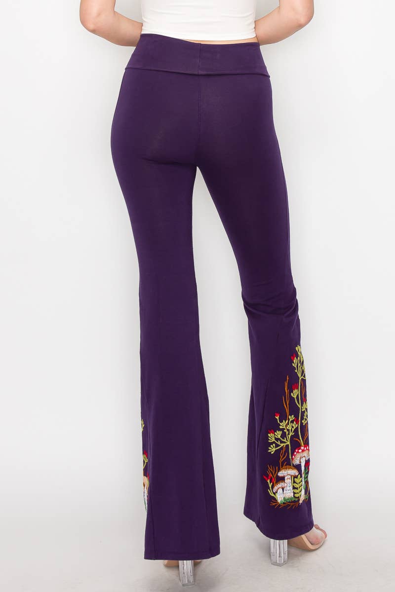 T-Party - Wholesale Pants - Women's - Mushroom Embroidery Foldover Waist Flare Leg Pants0