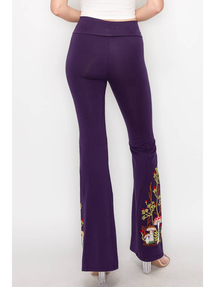 T-Party - Wholesale Pants - Women's - Mushroom Embroidery Foldover Waist Flare Leg Pants