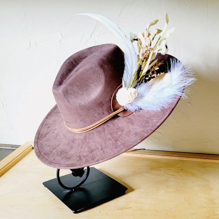 Boho Western Wedding Floral & Feather Bridsmaid Hat in Brown 984n for wholesale by The Jewelry Junkie