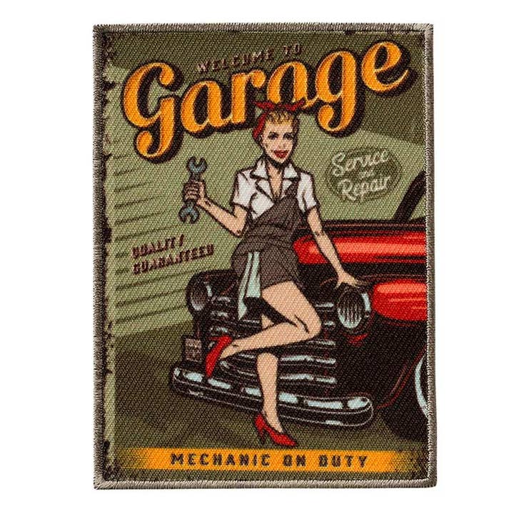 brown Iron-on Patch - Pin Up Girl Vintage Garage for wholesale on Faire