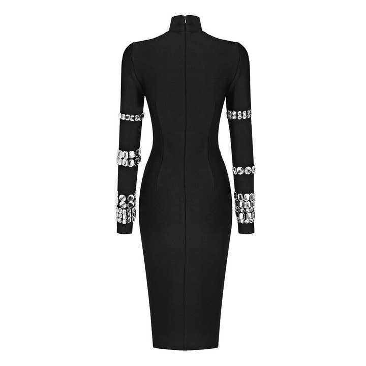 Black DR048 Studded Long Sleeve High Neck Bandage Knit Dress for wholesale on Faire15