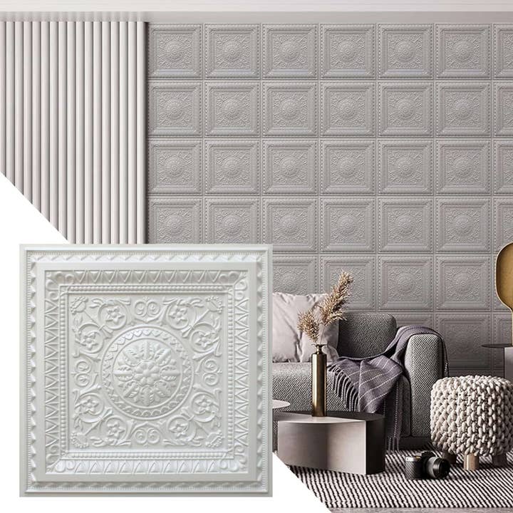 PVC Ceiling Tiles, 2 ft x 2 ft, Glue Up or Lay In, Wipe-clean, Waterproof - Modern Floral Pearl White for wholesale by Dundee Deco