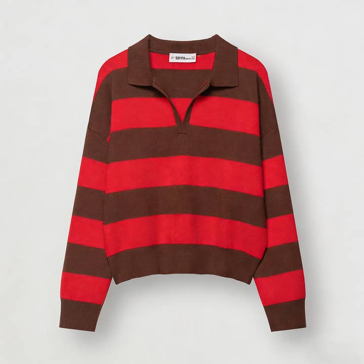 Pull rayé à manches longues et col polo en tricot pour la vente par Lily Clothing