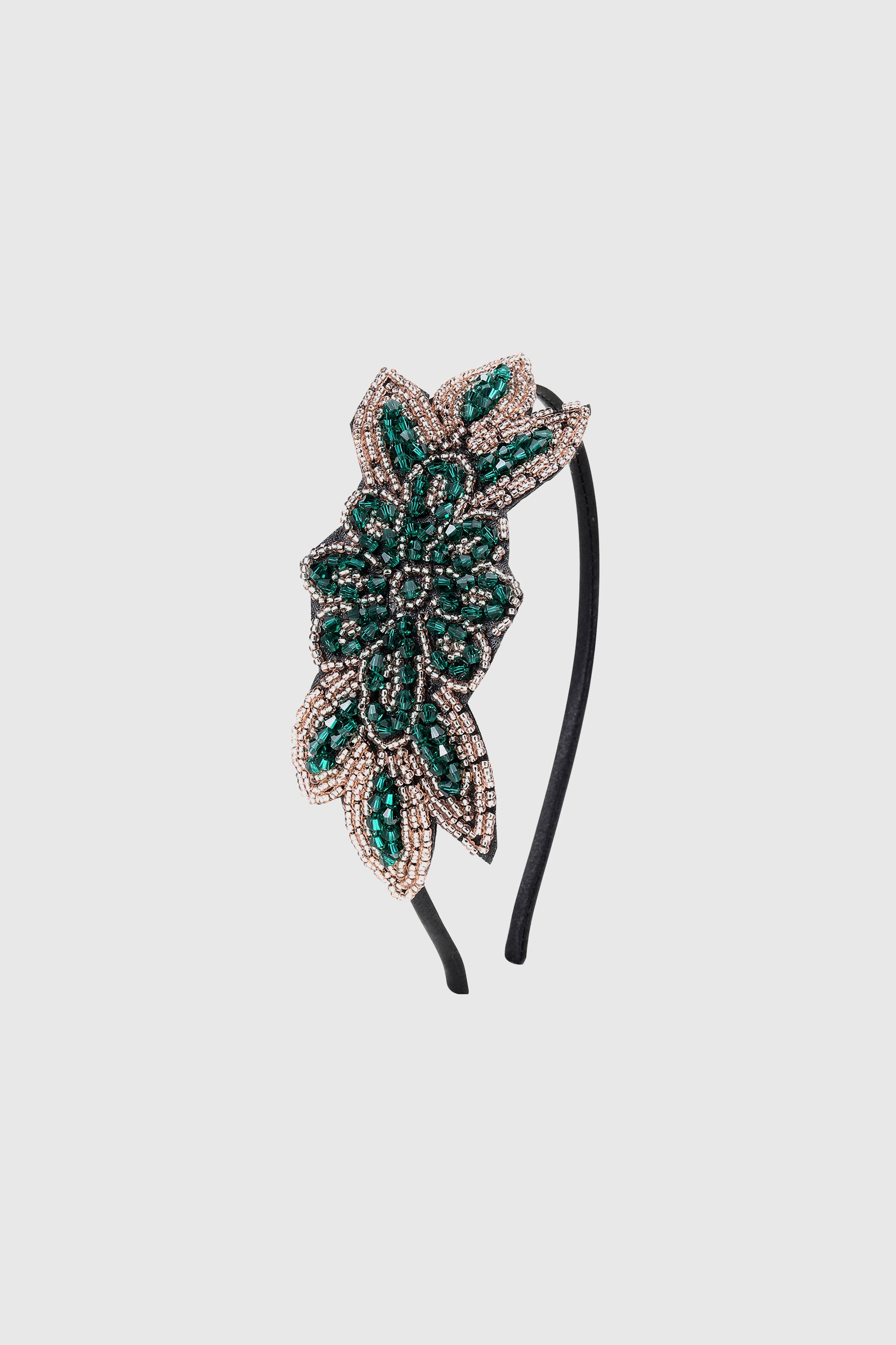 Verde Teal / Oro Chiaro Cerchietto in Velluto con Foglia di Cristallo e Perline in vendita all'ingrosso su Faire