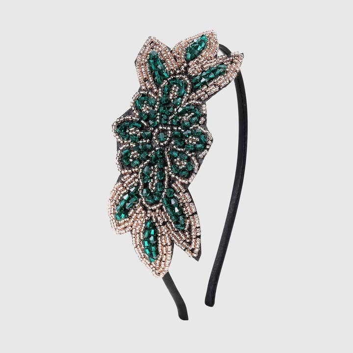 Verde Teal / Oro Chiaro Cerchietto in Velluto con Foglia di Cristallo e Perline in vendita all'ingrosso su Faire0