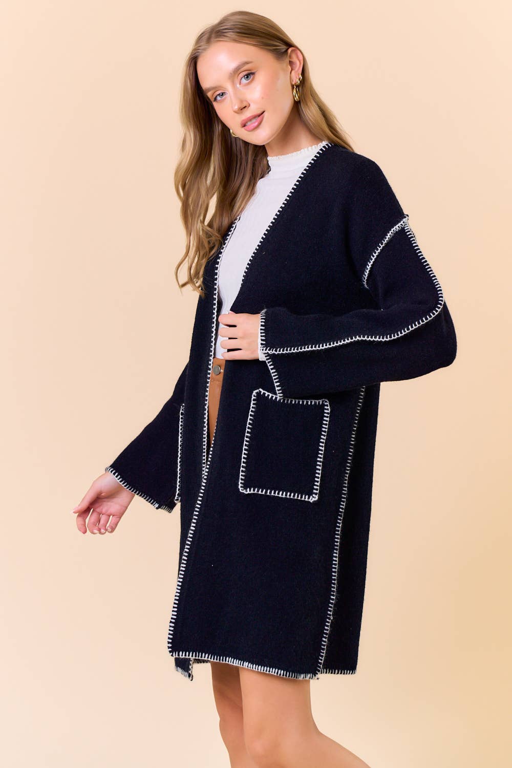 Noir Cardigan ouvert à manches longues cousu en couverture - 1755C en vente sur Faire1