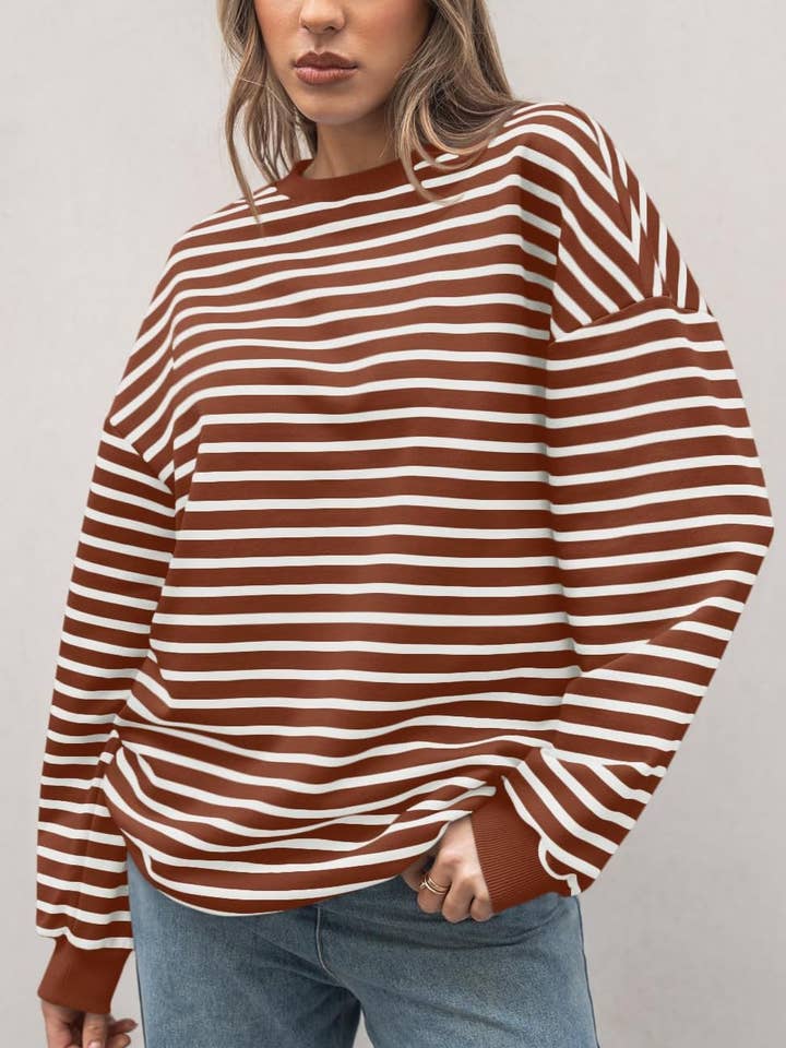HIDDENBRAND - Wholesale Sweatshirt - Women's - Colored Striped Crewneck Loose Sweatshirt8