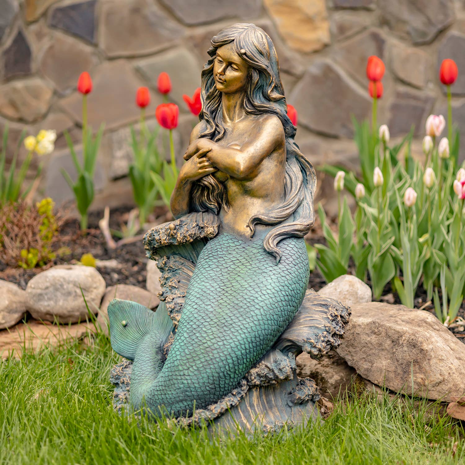 Zaer Ltd. International - Wholesale Outdoor Ornament/Decor - 34" Tall Mermaid Sitting on Rock Garden Statue "Dezlynn"7