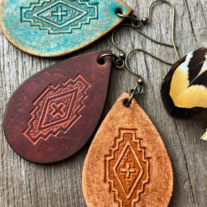 Red Pony Leather Goods - Wholesale Dangle Earrings - Tooled Leather Western Earrings Southwest Style