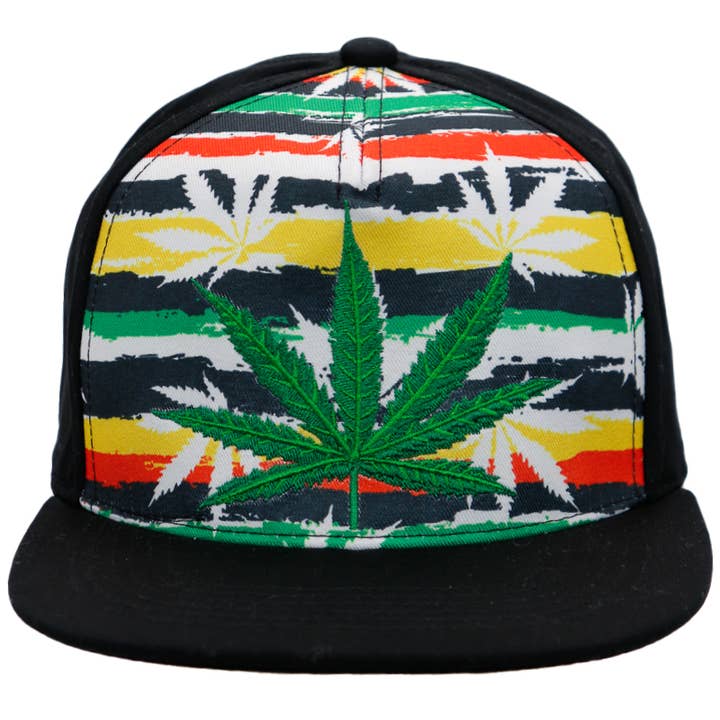 Cap Zone - Wholesale Flat Brim Cap - Unisex - Marijuana Leaf Rasta Paint Stripe Cotton Flat Bill Snapback