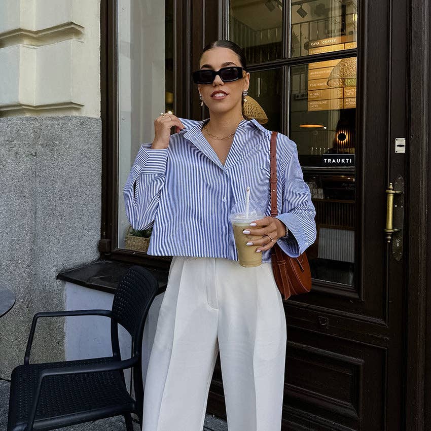 Bleu Chemise courte rayée à manches longues pour femmes SKT270 en vente sur Faire0