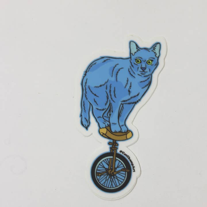 *Sticker: Unicycle Cat, 2"x3" vinyl for wholesale by Cat Champion