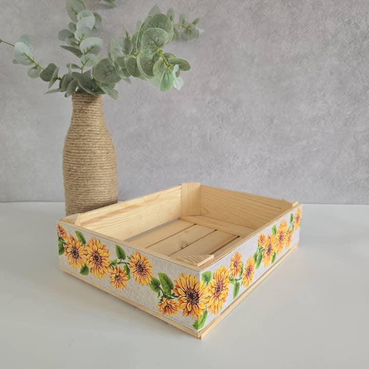 AboutWood - Wholesale Gift box - Empty Wooden Gift Crate Sunflower Ribbon Design 3