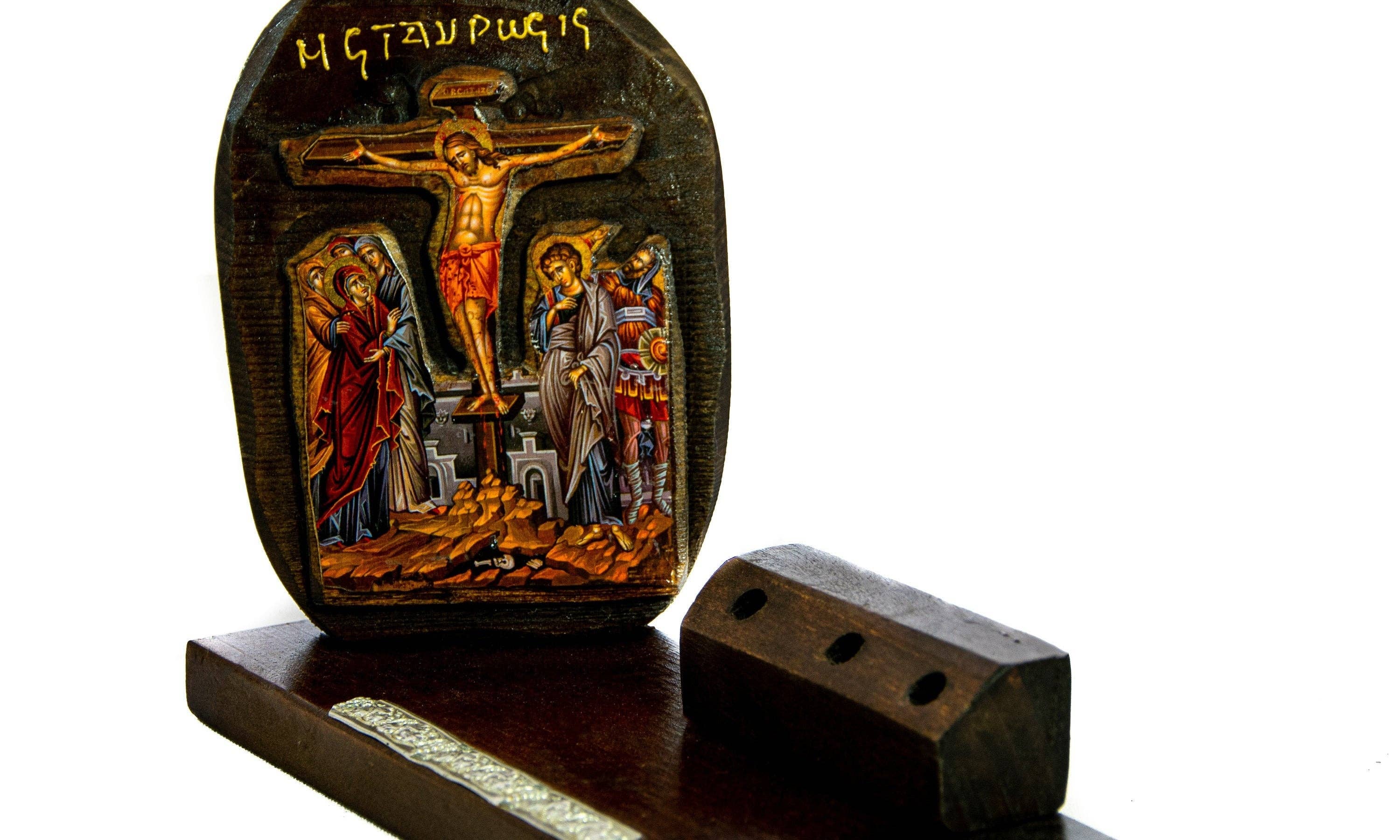TheHolyArt - Wholesale Pencil Holder - Crucifixion icon and Pencil holder 25x10cm, Handmade Greek Orthodox icon, Byzantine art pencil holder on wood, religious decor3